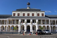 Hospital St. Vincentius Ziekenhuis in Paramaribo with arches, columns and 4 statues, Suriname. The 3 Guianas, South America.