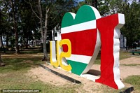 Larger version of I Love Suriname, the colorful monument in Paramaribo, Suriname.