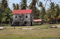 Wooden house with a red roof on a property of palms between New Amsterdam and Georgetown, Guyana.