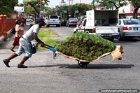 Um homem empurra verdes em uma carreta ao Mercado Stabroek em Georgetown, Guiana.