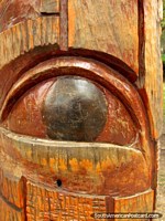 'Eye' wooden sculpture at Plaza San Martin in Colon. Argentina, South America.