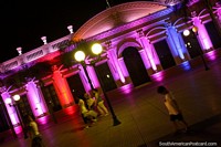 Fantastic pink, blue, purple and red lighting of the government building in the main plaza of Posadas at night.