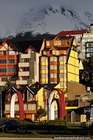 Nice apartments on the waterfront in Ushuaia get the morning sun in all its glory. Argentina, South America.