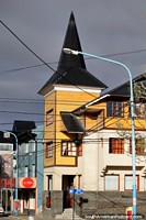 Buildings with pointed roofs and towers are not necessarily churches in Ushuaia. Argentina, South America.