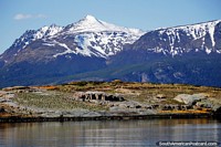 Prehistoric landscape and huge snow-capped mountain ranges, seen from the harbor in Ushuaia. Argentina, South America.