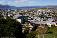 View of Ushuaia and the Beagle Channel from up on the hills behind town. Argentina, South America.