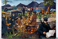 Os presos trabalham abaixo de guarda, mural da história da Terra do Fogo em Ushuaia. Argentina, América do Sul.