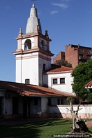 Bell tower of the Ethnographic Museum in Santa Fe, white and pink. Argentina, South America.