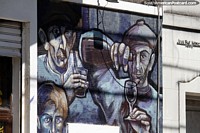 Argentina Photo - Men tasting wine, nice mural on tiles on a building side in La Boca, Buenos Aires.