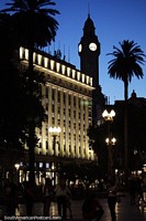 Plaza de Mayo en Buenos Aires at night with tall clock tower and palm tree. Argentina, South America.