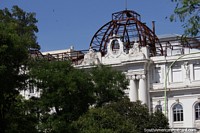 White facade of the National Bank of Argentina in Bahia Blanca.