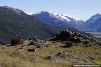 Rocky mountainous terrain, view from the Fitz Roy trail in El Chalten. Argentina, South America.