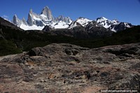 Standing at 3405m, the Fitz Roy peak is always in sight on the trek in El Chalten. Argentina, South America.