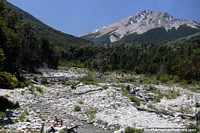 Rugged terrain, river and mountain around Nahuel Huapi, north-east of Bariloche. Argentina, South America.