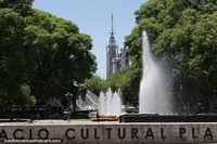 Fountains, trees and towers, Independence Plaza in central Mendoza. Argentina, South America.