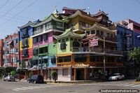 An astounding and interesting piece of architecture of colorful apartments on a street corner in Santa Cruz. Bolivia, South America.