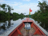 River boat with Bolivian flag, Rurrenabaque pampas. Bolivia, South America.