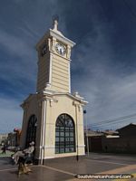 The clock tower in Plaza Uyuni in Oruro. Bolivia, South America.