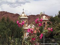 Church, pink flowers and red rock in Tupiza. Bolivia, South America.