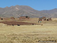 A group of simple mud-brick farmhouses, land and mountains between La Paz and Desaguadero.