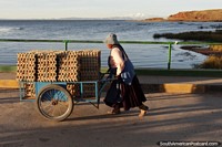 Women work hard in Desaguadero! This lady pushes a trolley of eggs across the bridge. Bolivia, South America.