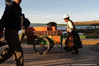 Another woman pushing a cart full of bricks across the bridge at Desaguadero. Bolivia, South America.