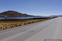 On the road out of Desaguadero towards Tiwanaku with the lake beside. Bolivia, South America.