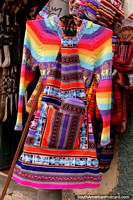A technicolor dress with many patterns for sale in La Paz. Bolivia, South America.