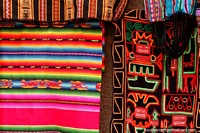 Colorful wall-hangings in the shops around the witches market in La Paz. Bolivia, South America.