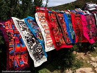 Wall hangings, beautifully designed, nice colors, for sale on the Island of the Sun, Copacabana. Bolivia, South America.