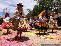Dancers perform on streets laid with pink and yellow flowers in Copacabana. Bolivia, South America.