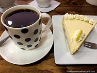 Lemon pie and coffee at Antojos Cafe in Sucre, $16bob ($2.30USD), delicious. Bolivia, South America.