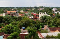 A visão de Riberalta na bacia de Amazônia com muitas árvores com casas estendeu-se entre eles. Bolívia, América do Sul.
