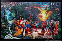 Dawn of 26 February 1561, the foundation of Santa Cruz, jungle scene with indigenous and colonial people, painting by Carlos Cirbian. Bolivia, South America.