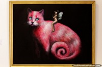 Naked woman upon a large pink cat, painting called Oscura Claridad by Douglas Rivera, exhibition in Santa Cruz.