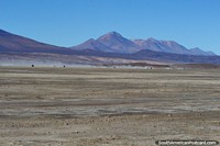 Day 2 of the 3 day tour in the Uyuni desert, a convoy of jeeps in the distance heading to the mountains. Bolivia, South America.