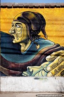Versão maior do O homem indïgena tem a sua mão sobre a cabeça de uma deusa adormecida, arte de rua colorida em Oruro.