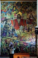 La pintura más grande del mundo llena de personajes religiosos, demonios, monstruos, esqueletos, ángeles y gente común en el Santuario del Socavón, Oruro. Bolivia, Sudamerica.