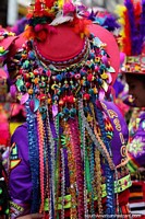 Bolivia Photo - Technicolor hat with 100 felt balls in bright colors, feathers at the top, El Gran Poder festival, La Paz.