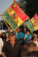Flags with the colors of Bolivia in the parade in San Ignacio de Velasco.