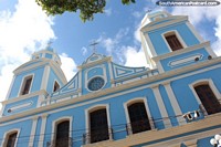 Front facade of the light blue colored cathedral in Santarem. Brazil, South America.
