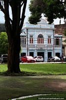 Blue and white colonial building beside plaza Praca D. Pedro II in Belem. Brazil, South America.