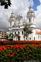 The cathedral is one of the great sights in Belem as well as the red flowery plaza beside it. Brazil, South America.