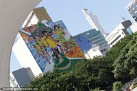 Larger version of Huge mural of joggers on a building-side, view from the Lapa Arches in Rio de Janeiro.