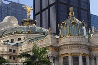 Gold decorations and bronze colored domes of the Municipal Theatre in Rio de Janeiro. Brazil, South America.