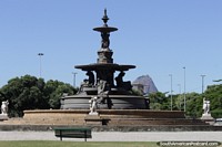 Fountain at Plaza Mahatma Gandhi, Sugarloaf Mountain behind, Rio de Janeiro. Brazil, South America.