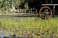 Water wheel and a distant white sculpture at the Sao Paulo Botanical Gardens. Brazil, South America.