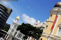 3 nice buildings with domes around Plaza Barao do Rio Branco in Recife. Brazil, South America.