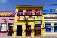 Coloridas tiendas y casas en una fila en Olinda, perro en el techo. Brasil, Sudamerica.