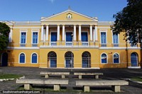 Bispo Palace, beautiful yellow building with blue window shutters and white columns in Joao Pessoa. Brazil, South America.